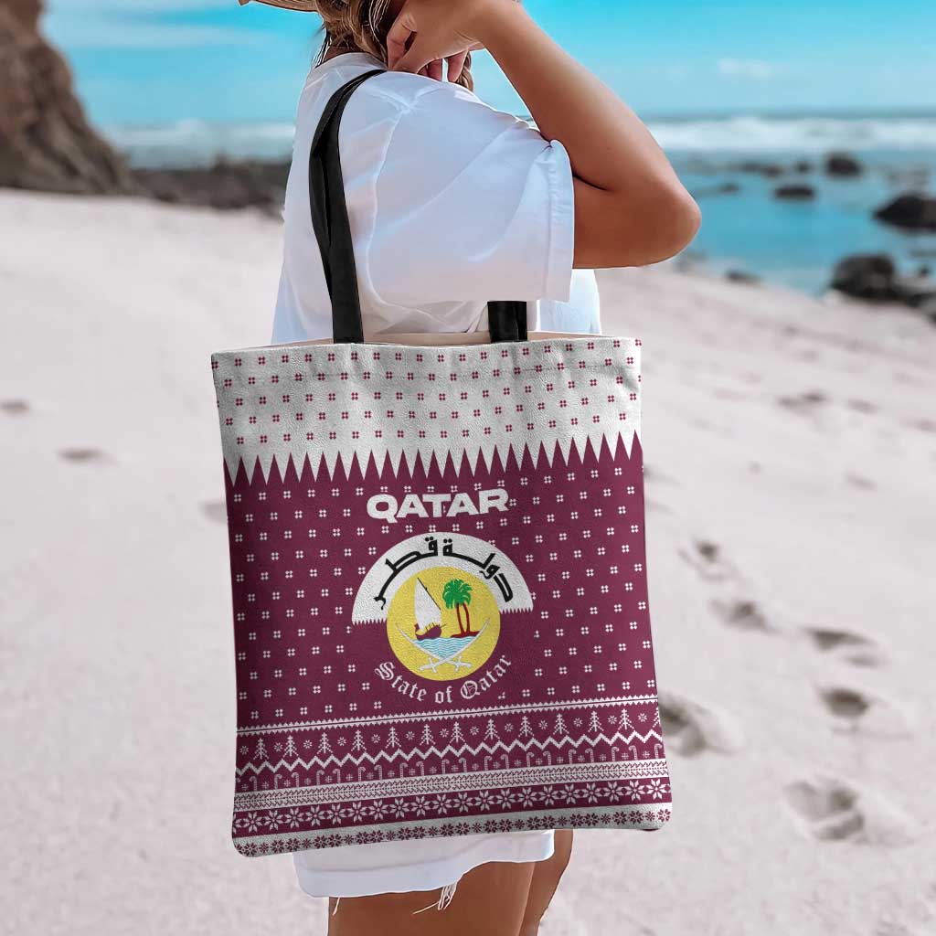 Qatar Christmas Tote Bag with Maroon-White Design, National Emblem, and Camel Motif - Wonder Print Shop