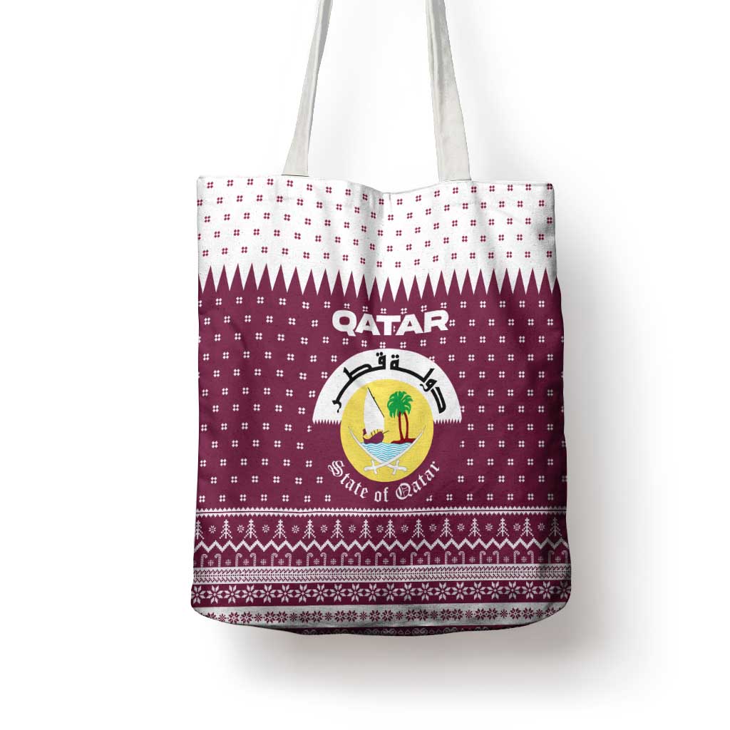 Qatar Christmas Tote Bag with Maroon-White Design, National Emblem, and Camel Motif - Wonder Print Shop