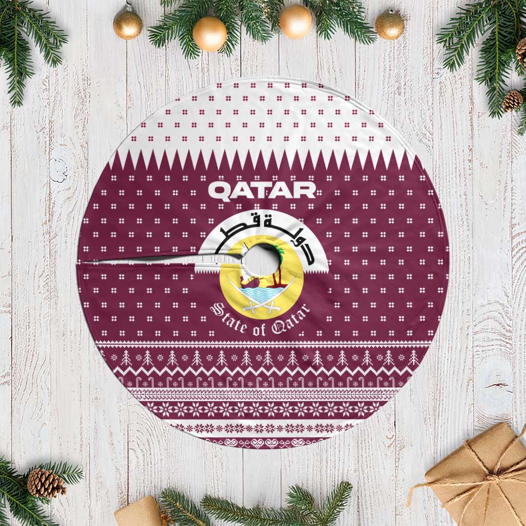 Qatar Christmas Tree Skirt with Maroon-White Design, National Emblem, and Camel Motif - Wonder Print Shop