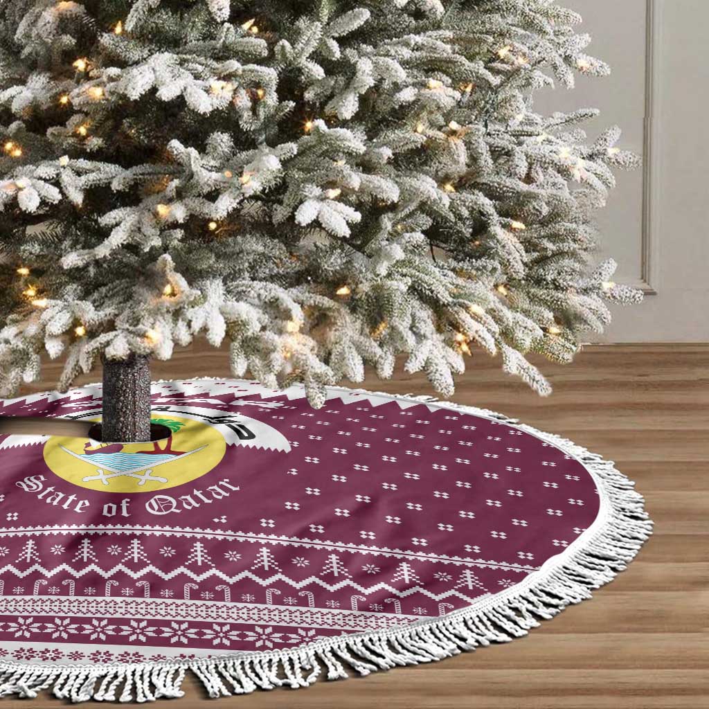 Qatar Christmas Tree Skirt with Maroon-White Design, National Emblem, and Camel Motif - Wonder Print Shop