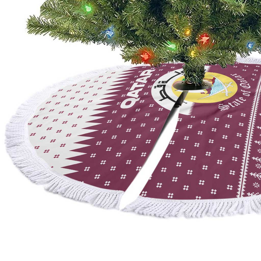 Qatar Christmas Tree Skirt with Maroon-White Design, National Emblem, and Camel Motif - Wonder Print Shop