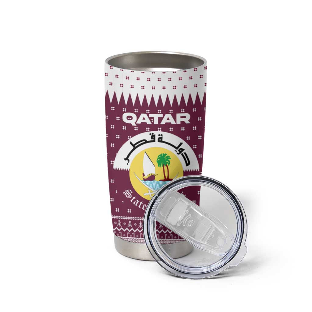 Qatar Christmas Tumbler Cup with Maroon-White Design, National Emblem, and Camel Motif - Wonder Print Shop