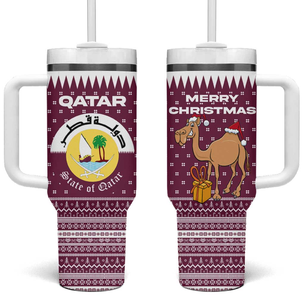 Qatar Christmas Tumbler With Handle with Maroon-White Design, National Emblem, and Camel Motif - Wonder Print Shop