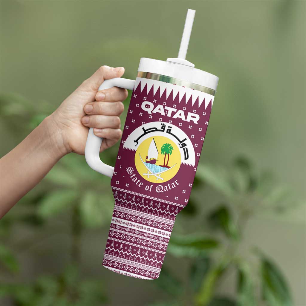Qatar Christmas Tumbler With Handle with Maroon-White Design, National Emblem, and Camel Motif - Wonder Print Shop