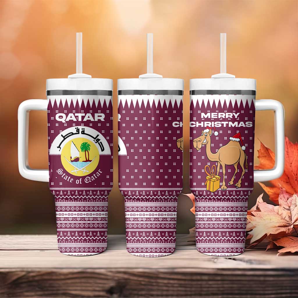 Qatar Christmas Tumbler With Handle with Maroon-White Design, National Emblem, and Camel Motif - Wonder Print Shop
