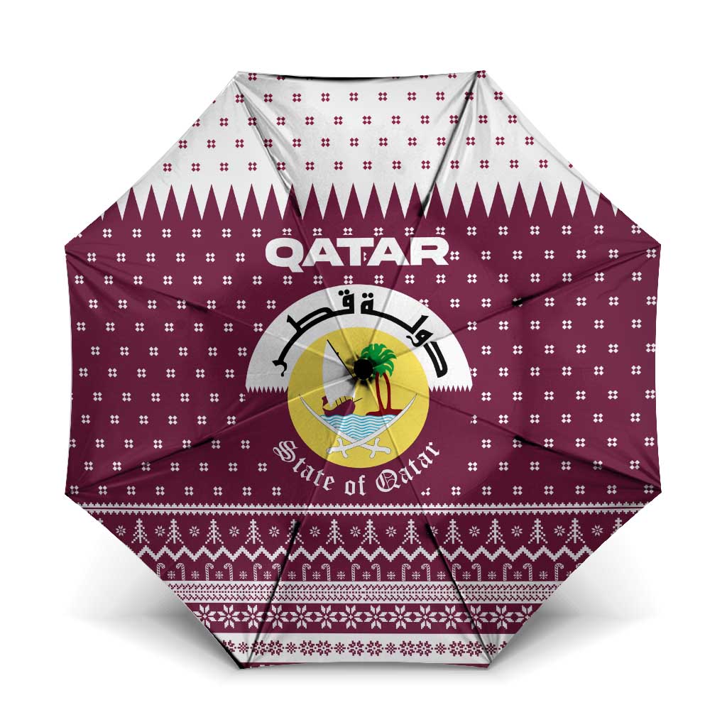 Qatar Christmas Umbrella with Maroon-White Design, National Emblem, and Camel Motif - Wonder Print Shop
