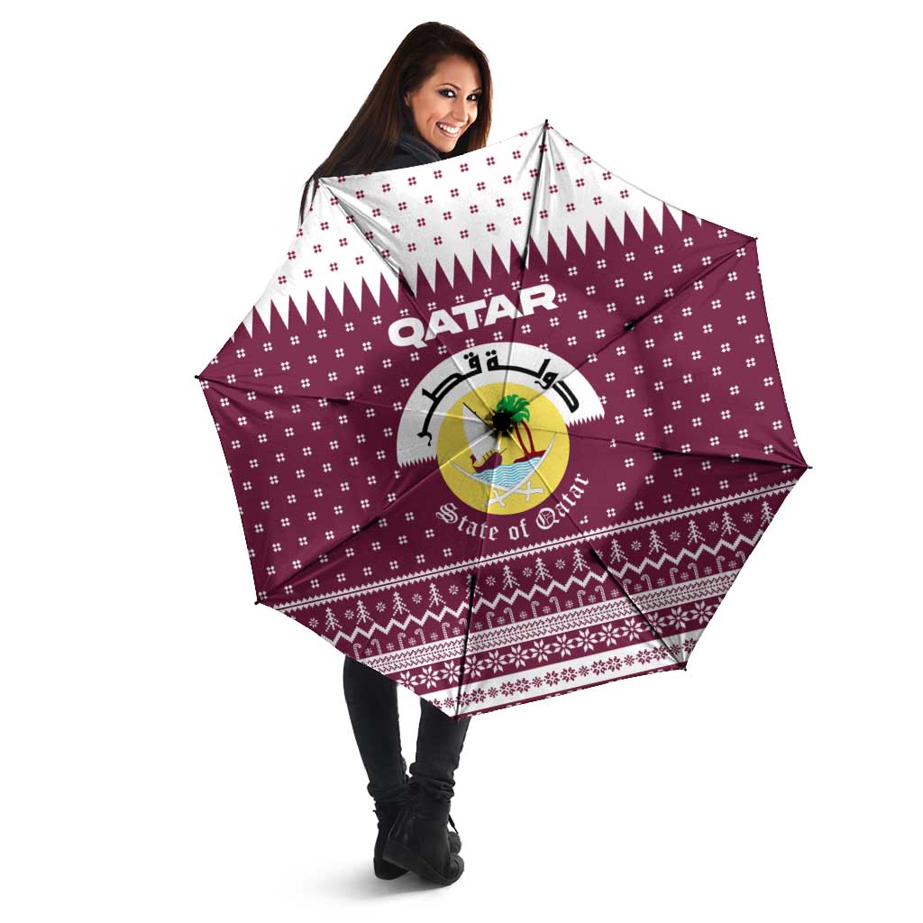 Qatar Christmas Umbrella with Maroon-White Design, National Emblem, and Camel Motif - Wonder Print Shop
