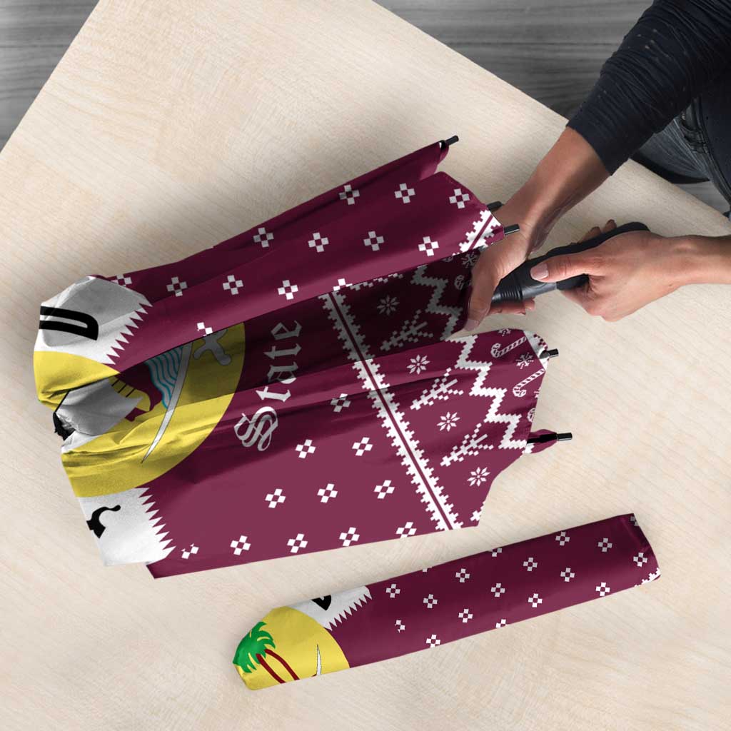 Qatar Christmas Umbrella with Maroon-White Design, National Emblem, and Camel Motif - Wonder Print Shop