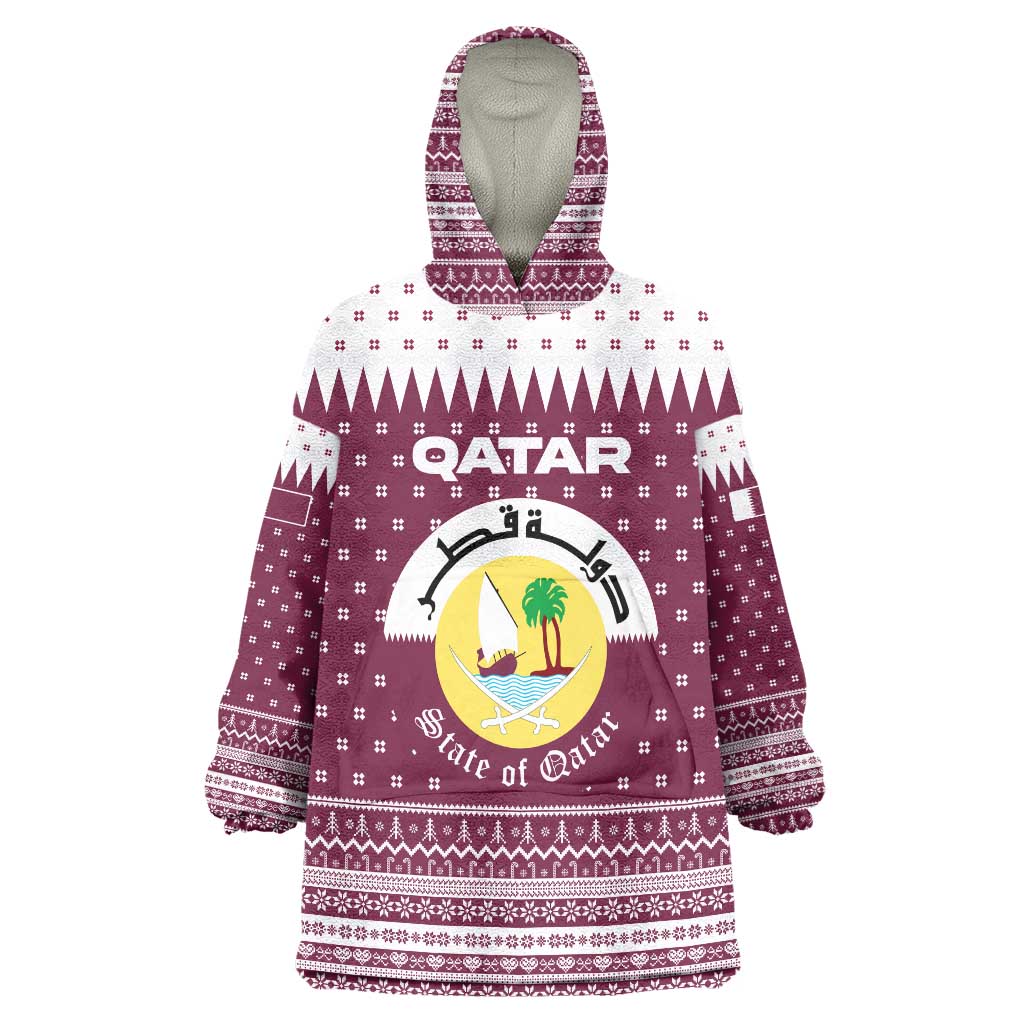 Qatar Christmas Wearable Blanket Hoodie with Maroon-White Design, National Emblem, and Camel Motif - Wonder Print Shop