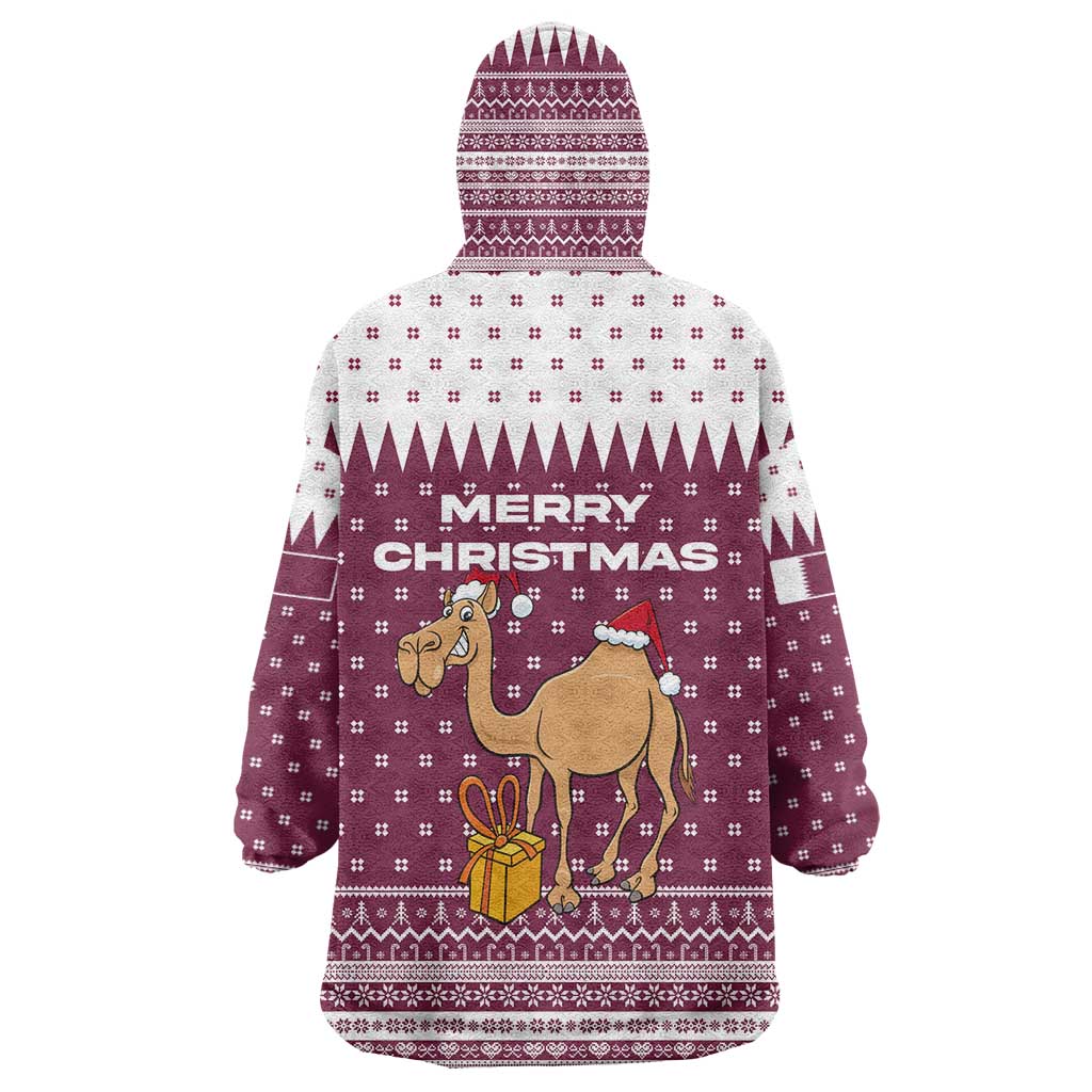 Qatar Christmas Wearable Blanket Hoodie with Maroon-White Design, National Emblem, and Camel Motif - Wonder Print Shop
