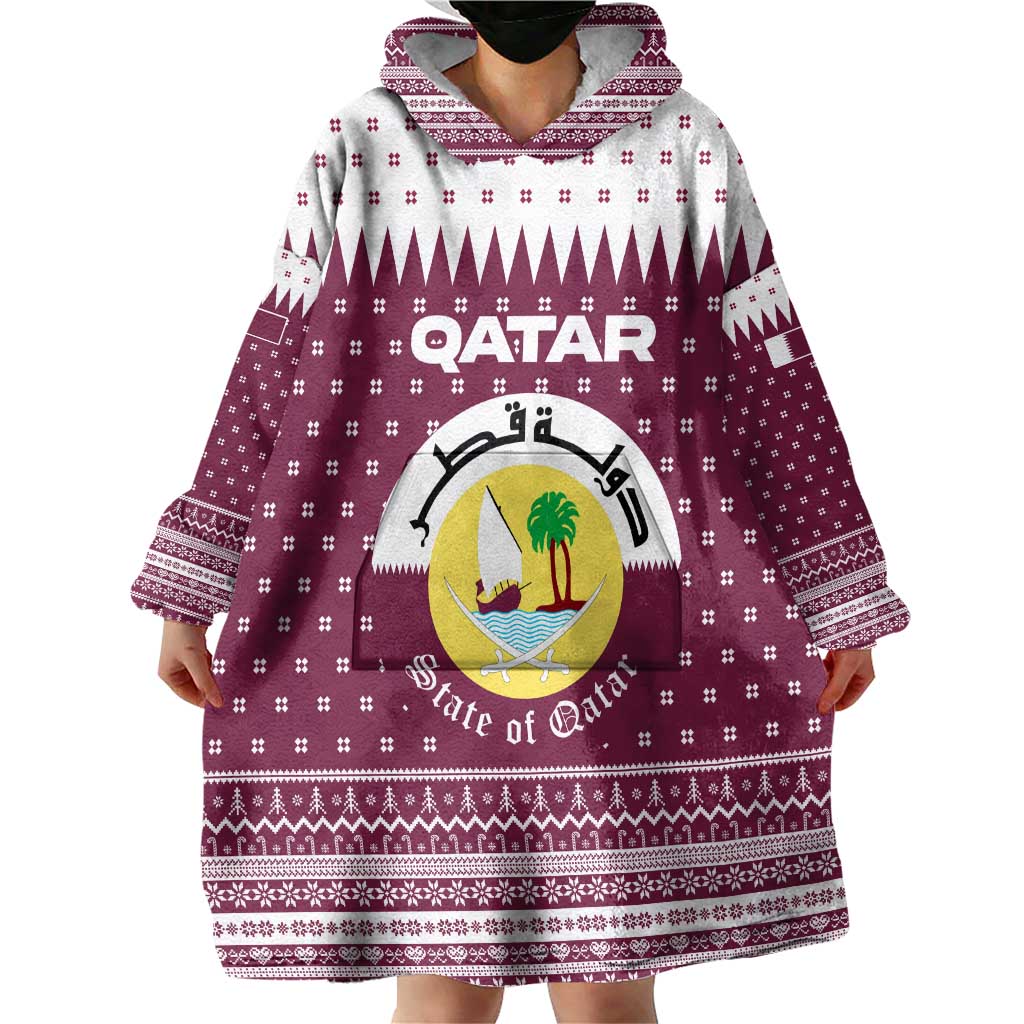 Qatar Christmas Wearable Blanket Hoodie with Maroon-White Design, National Emblem, and Camel Motif - Wonder Print Shop