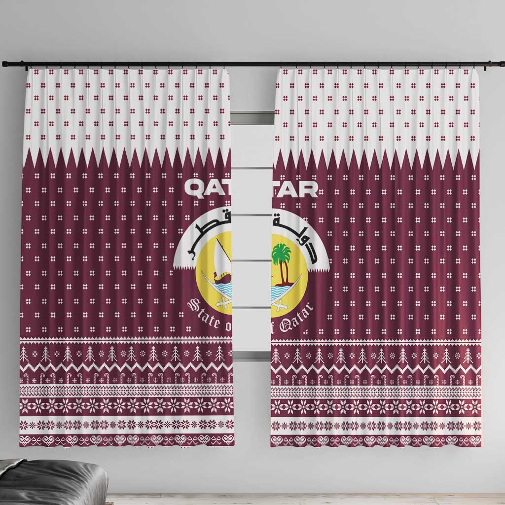 Qatar Christmas Window Curtain with Maroon-White Design, National Emblem, and Camel Motif - Wonder Print Shop