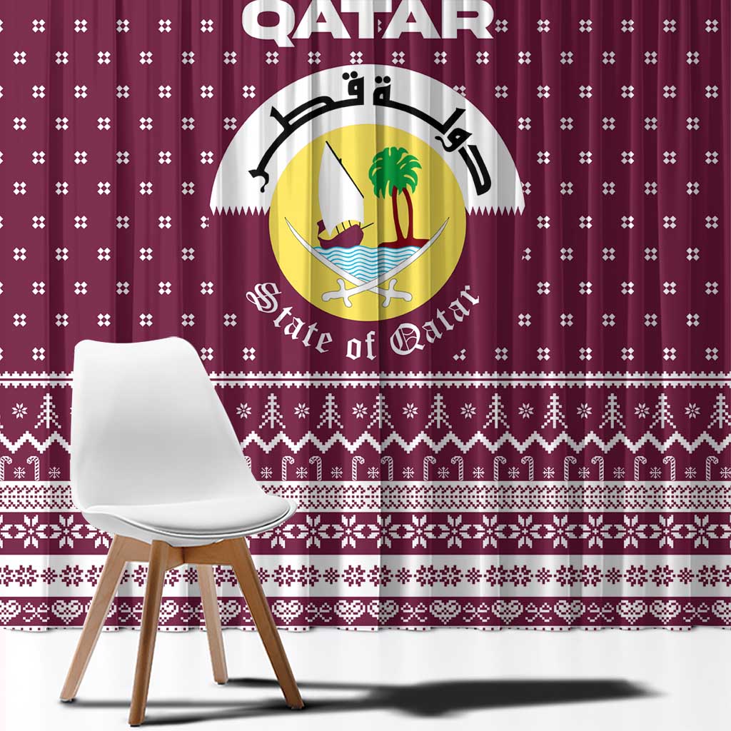 Qatar Christmas Window Curtain with Maroon-White Design, National Emblem, and Camel Motif - Wonder Print Shop