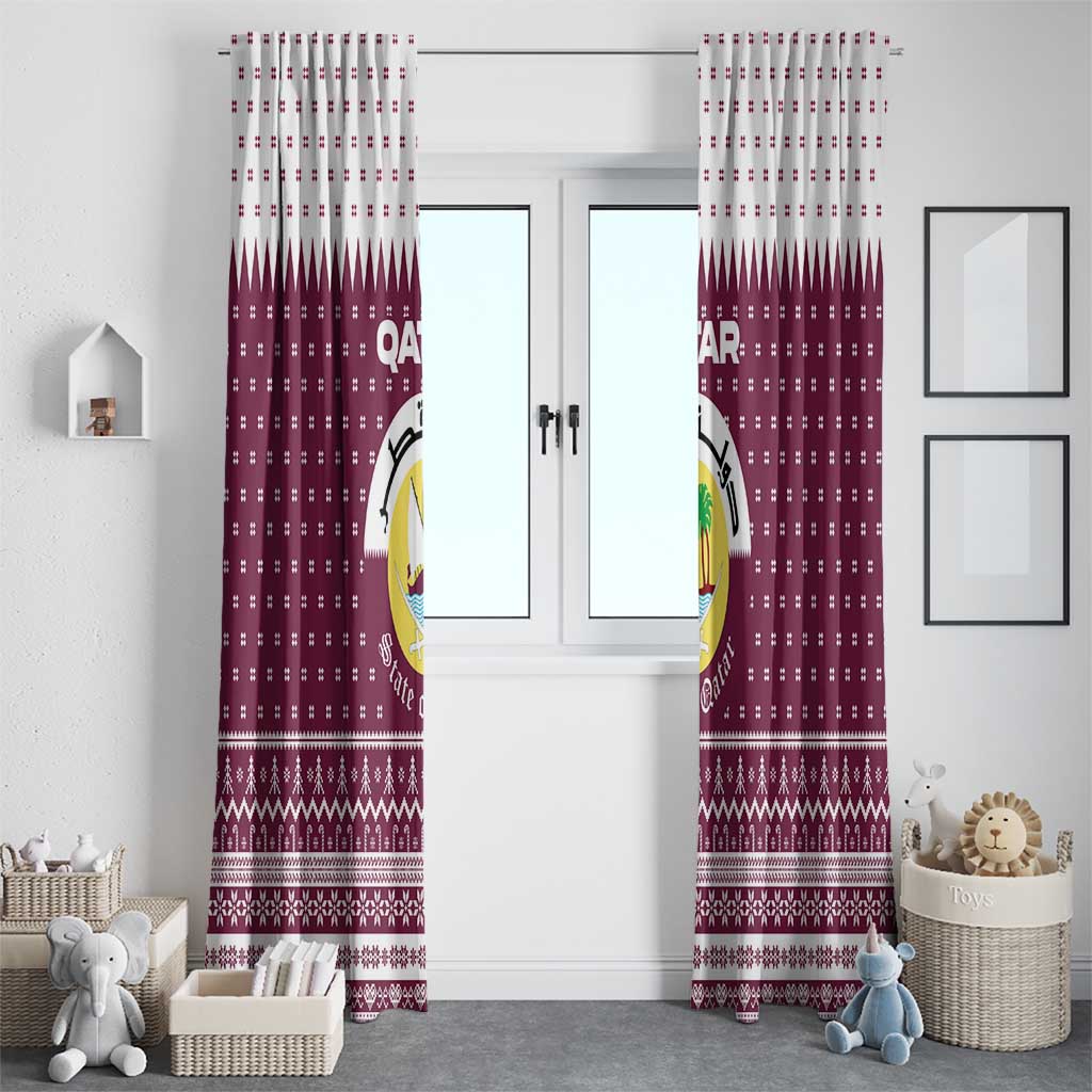Qatar Christmas Window Curtain with Maroon-White Design, National Emblem, and Camel Motif - Wonder Print Shop