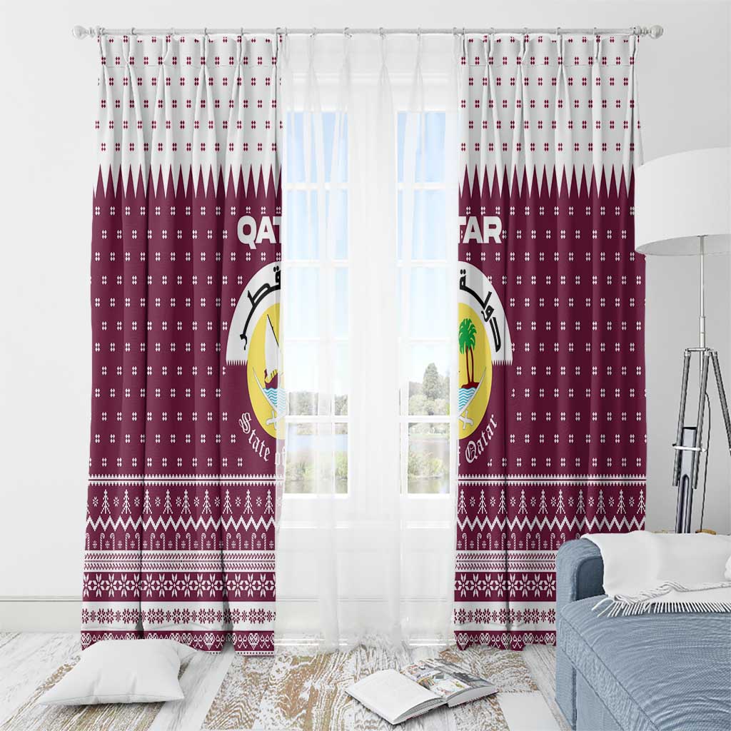 Qatar Christmas Window Curtain with Maroon-White Design, National Emblem, and Camel Motif - Wonder Print Shop