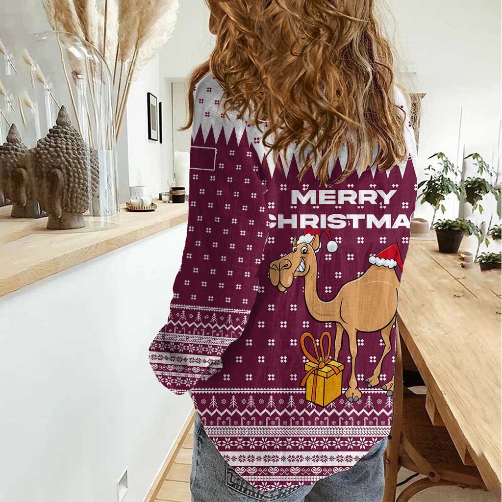 Qatar Christmas Women Casual Shirt with Maroon-White Design, National Emblem, and Camel Motif - Wonder Print Shop