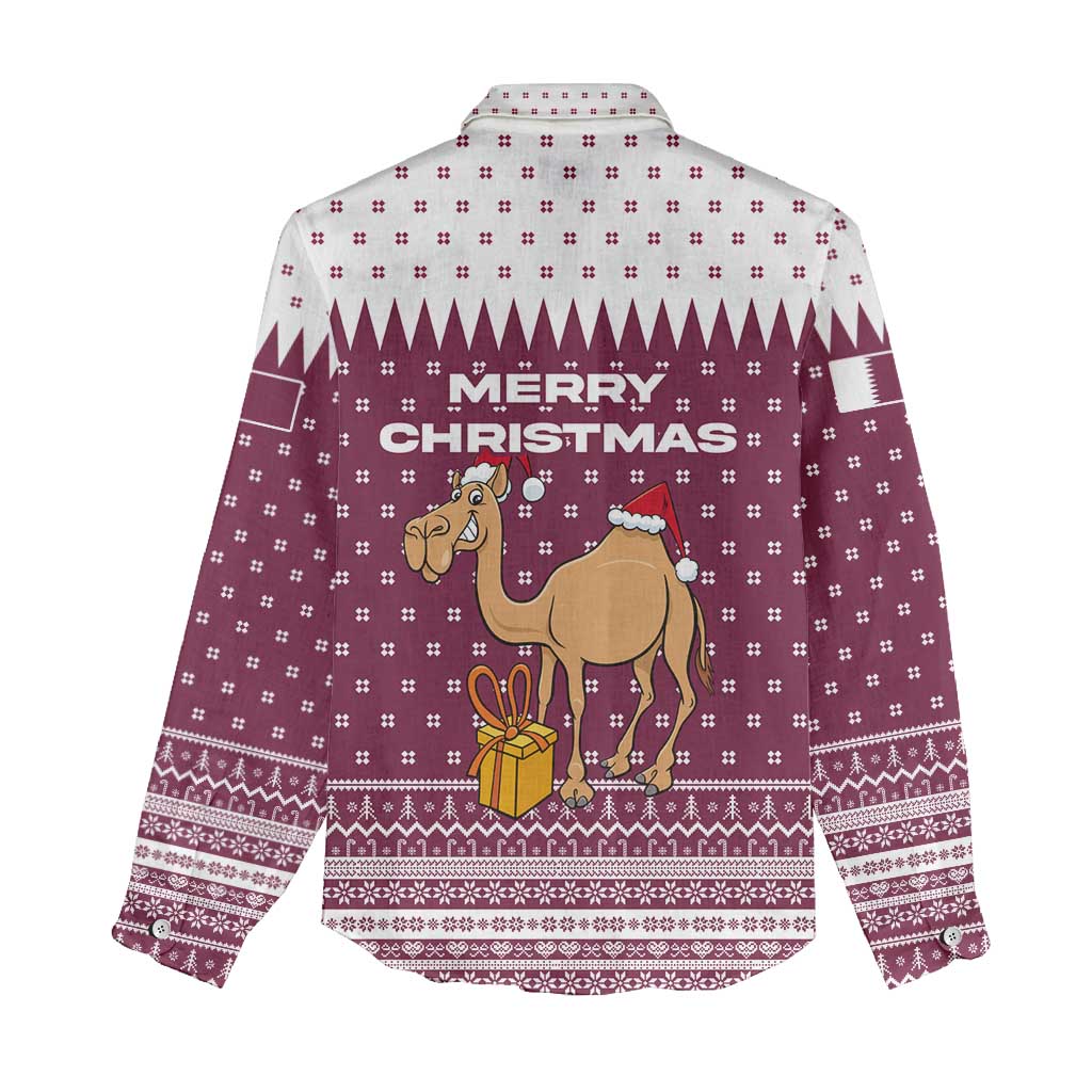Qatar Christmas Women Casual Shirt with Maroon-White Design, National Emblem, and Camel Motif - Wonder Print Shop