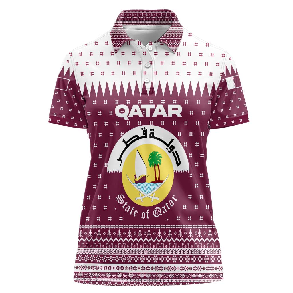 Qatar Christmas Women Polo Shirt with Maroon-White Design, National Emblem, and Camel Motif - Wonder Print Shop
