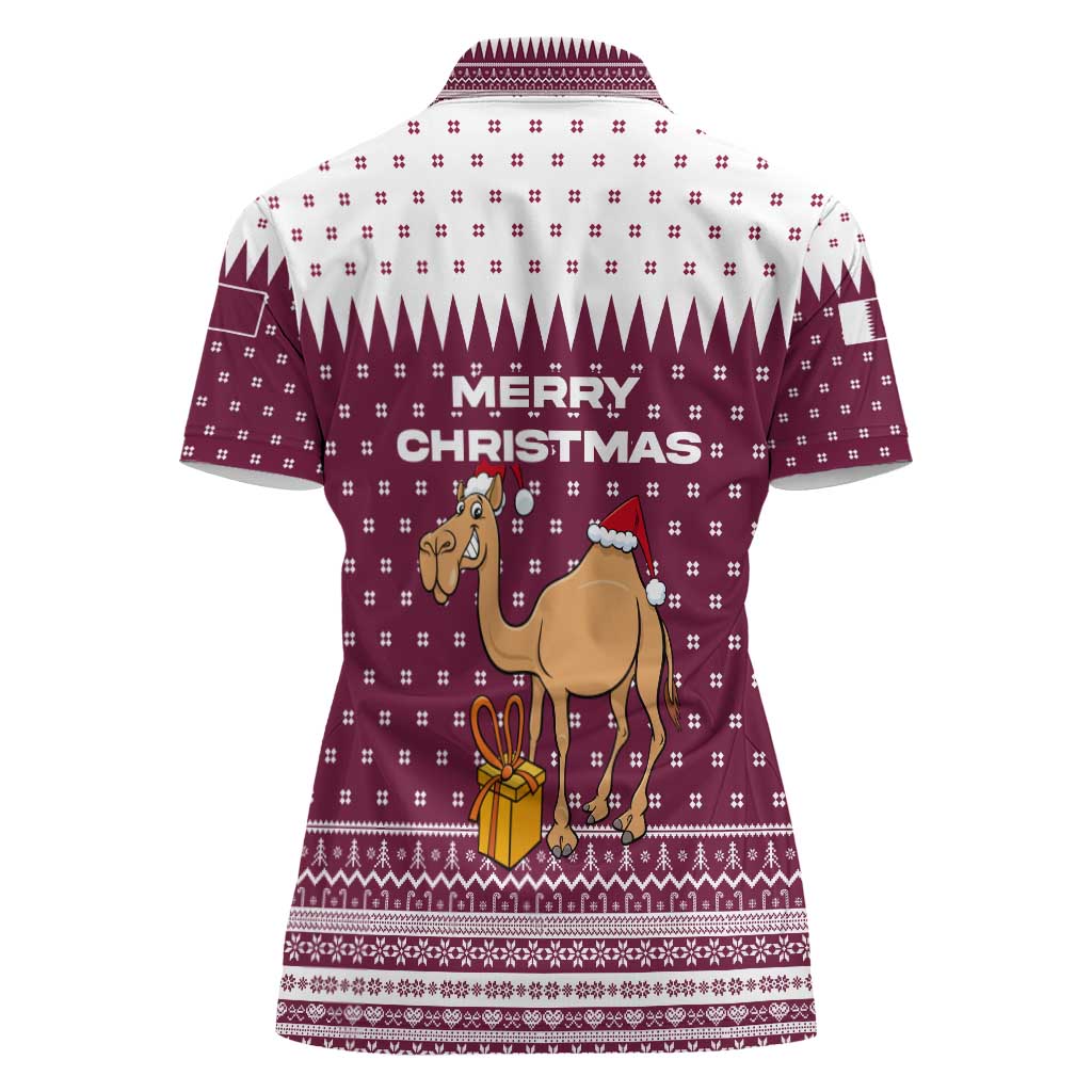 Qatar Christmas Women Polo Shirt with Maroon-White Design, National Emblem, and Camel Motif - Wonder Print Shop