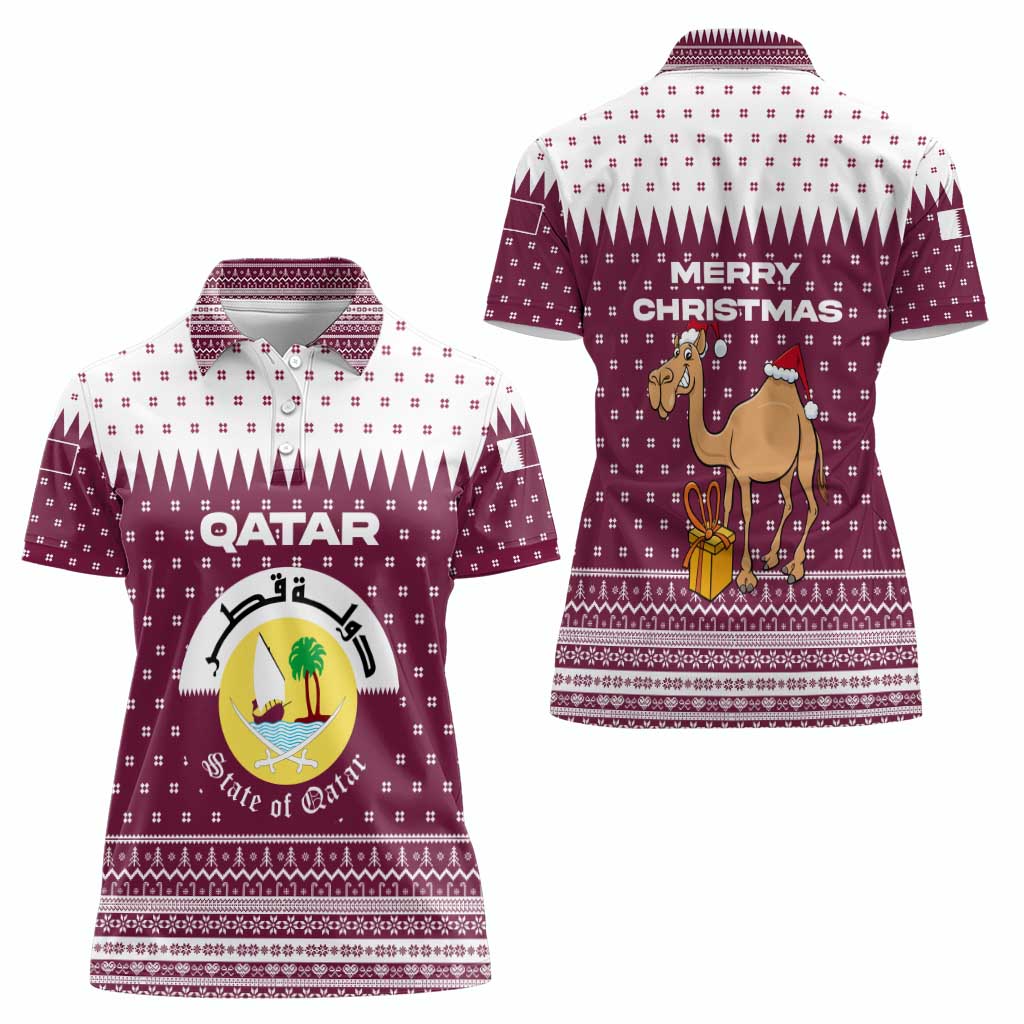 Qatar Christmas Women Polo Shirt with Maroon-White Design, National Emblem, and Camel Motif - Wonder Print Shop