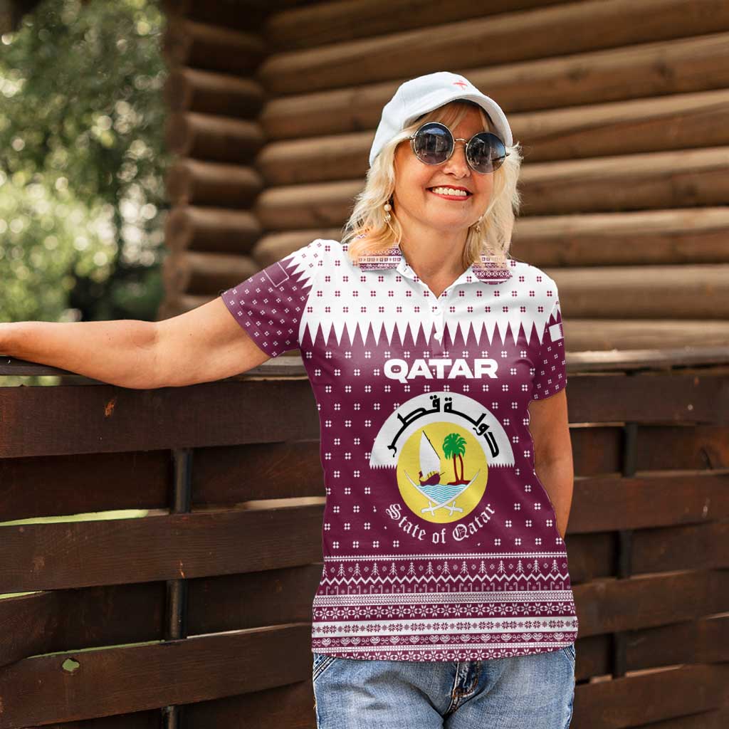 Qatar Christmas Women Polo Shirt with Maroon-White Design, National Emblem, and Camel Motif - Wonder Print Shop