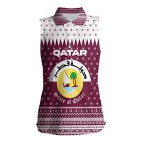 Qatar Christmas Women Sleeveless Polo Shirt with Maroon-White Design, National Emblem, and Camel Motif - Wonder Print Shop