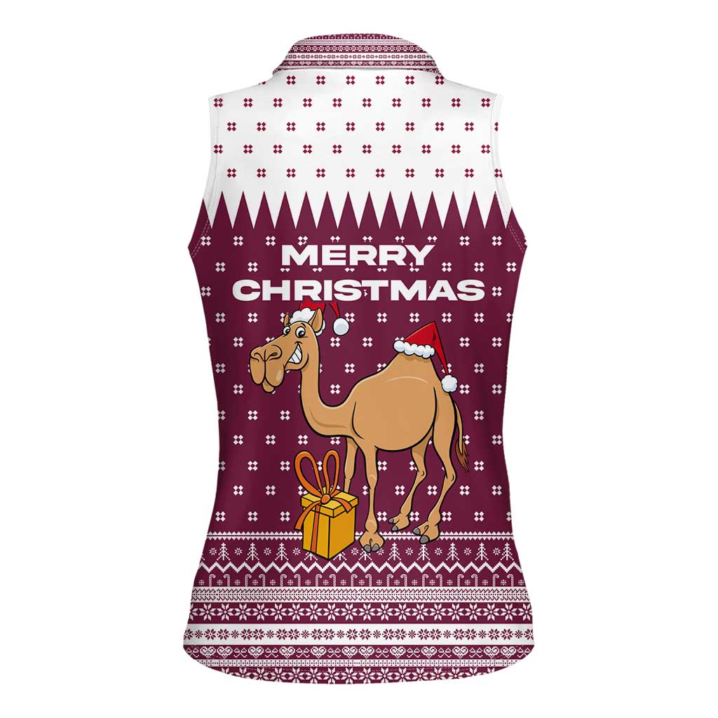Qatar Christmas Women Sleeveless Polo Shirt with Maroon-White Design, National Emblem, and Camel Motif - Wonder Print Shop
