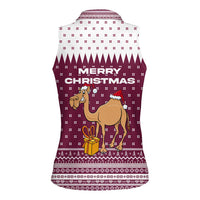 Qatar Christmas Women Sleeveless Polo Shirt with Maroon-White Design, National Emblem, and Camel Motif - Wonder Print Shop