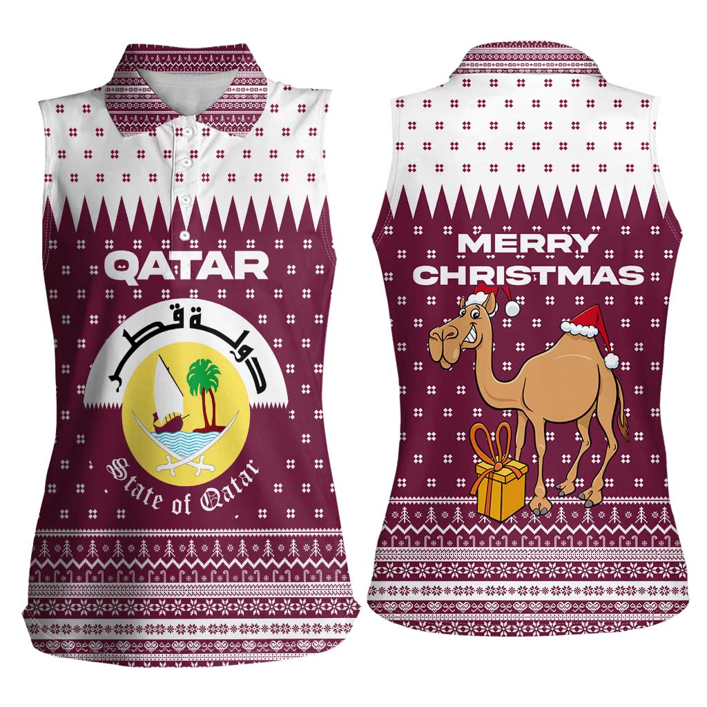 Qatar Christmas Women Sleeveless Polo Shirt with Maroon-White Design, National Emblem, and Camel Motif - Wonder Print Shop