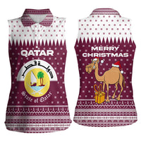 Qatar Christmas Women Sleeveless Polo Shirt with Maroon-White Design, National Emblem, and Camel Motif - Wonder Print Shop