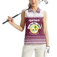 Qatar Christmas Women Sleeveless Polo Shirt with Maroon-White Design, National Emblem, and Camel Motif - Wonder Print Shop