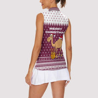 Qatar Christmas Women Sleeveless Polo Shirt with Maroon-White Design, National Emblem, and Camel Motif - Wonder Print Shop