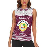 Qatar Christmas Women Sleeveless Polo Shirt with Maroon-White Design, National Emblem, and Camel Motif - Wonder Print Shop
