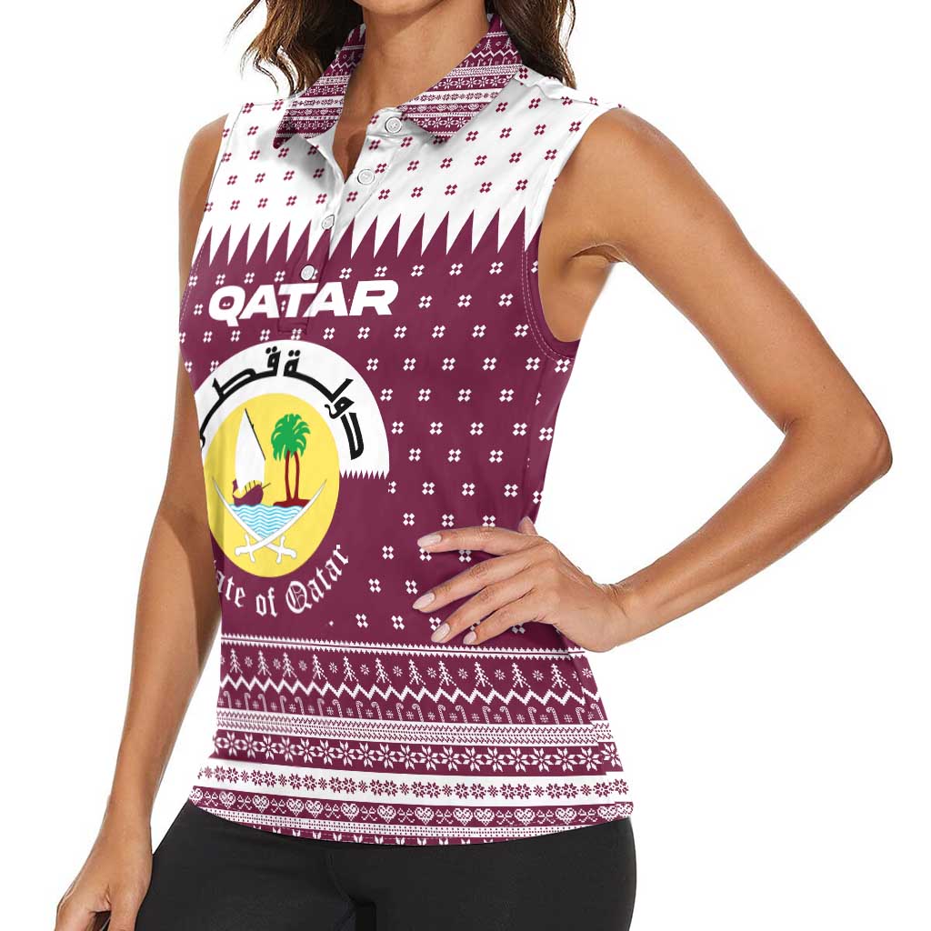 Qatar Christmas Women Sleeveless Polo Shirt with Maroon-White Design, National Emblem, and Camel Motif - Wonder Print Shop