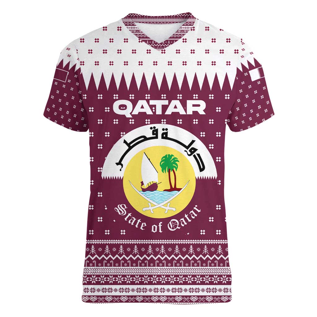 Qatar Christmas Women V-Neck T-Shirt with Maroon-White Design, National Emblem, and Camel Motif - Wonder Print Shop