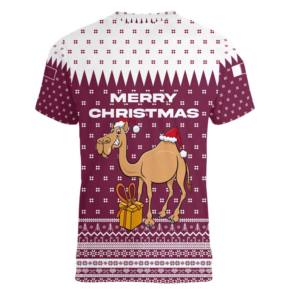 Qatar Christmas Women V-Neck T-Shirt with Maroon-White Design, National Emblem, and Camel Motif - Wonder Print Shop