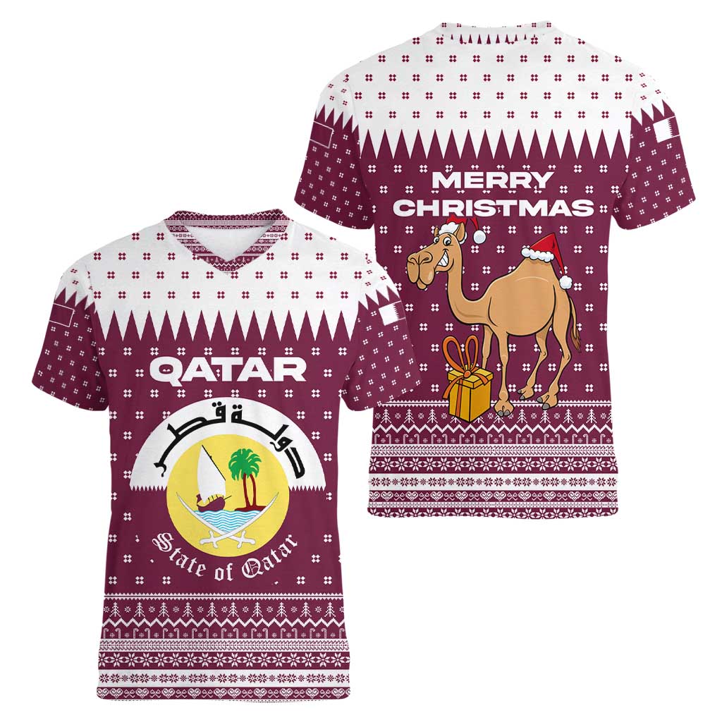Qatar Christmas Women V-Neck T-Shirt with Maroon-White Design, National Emblem, and Camel Motif - Wonder Print Shop
