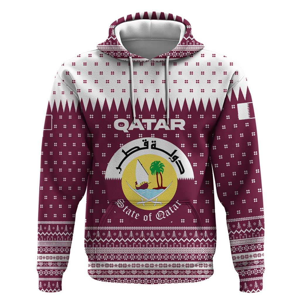 Qatar Christmas Zip Hoodie with Maroon-White Design, National Emblem, and Camel Motif - Wonder Print Shop