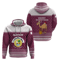 Qatar Christmas Zip Hoodie with Maroon-White Design, National Emblem, and Camel Motif - Wonder Print Shop
