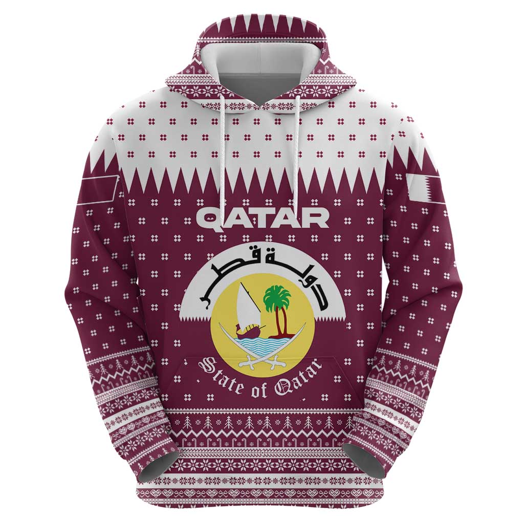 Qatar Christmas Zip Hoodie with Maroon-White Design, National Emblem, and Camel Motif - Wonder Print Shop