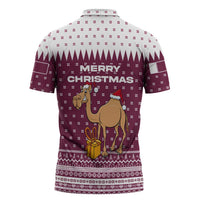 Qatar Christmas Zipper Polo Shirt with Maroon-White Design, National Emblem, and Camel Motif - Wonder Print Shop