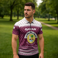 Qatar Christmas Zipper Polo Shirt with Maroon-White Design, National Emblem, and Camel Motif - Wonder Print Shop
