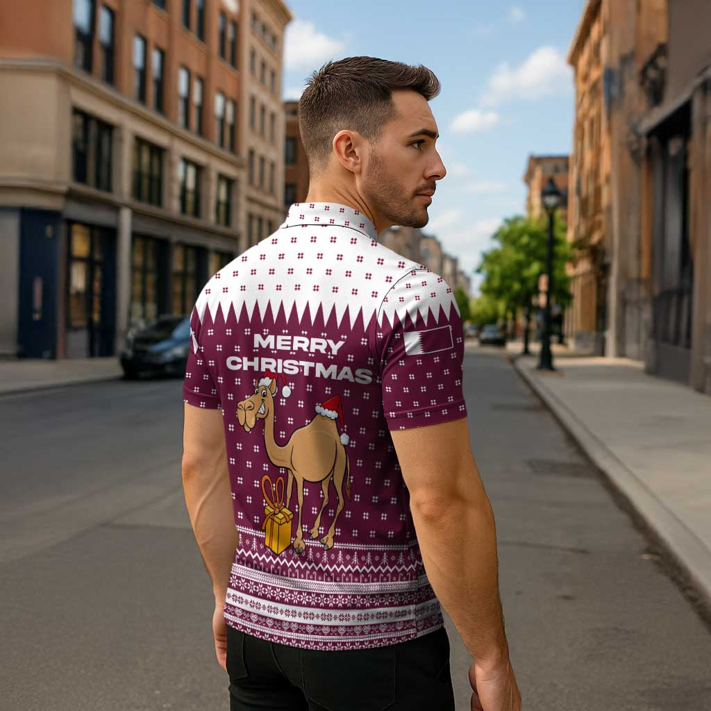Qatar Christmas Zipper Polo Shirt with Maroon-White Design, National Emblem, and Camel Motif - Wonder Print Shop