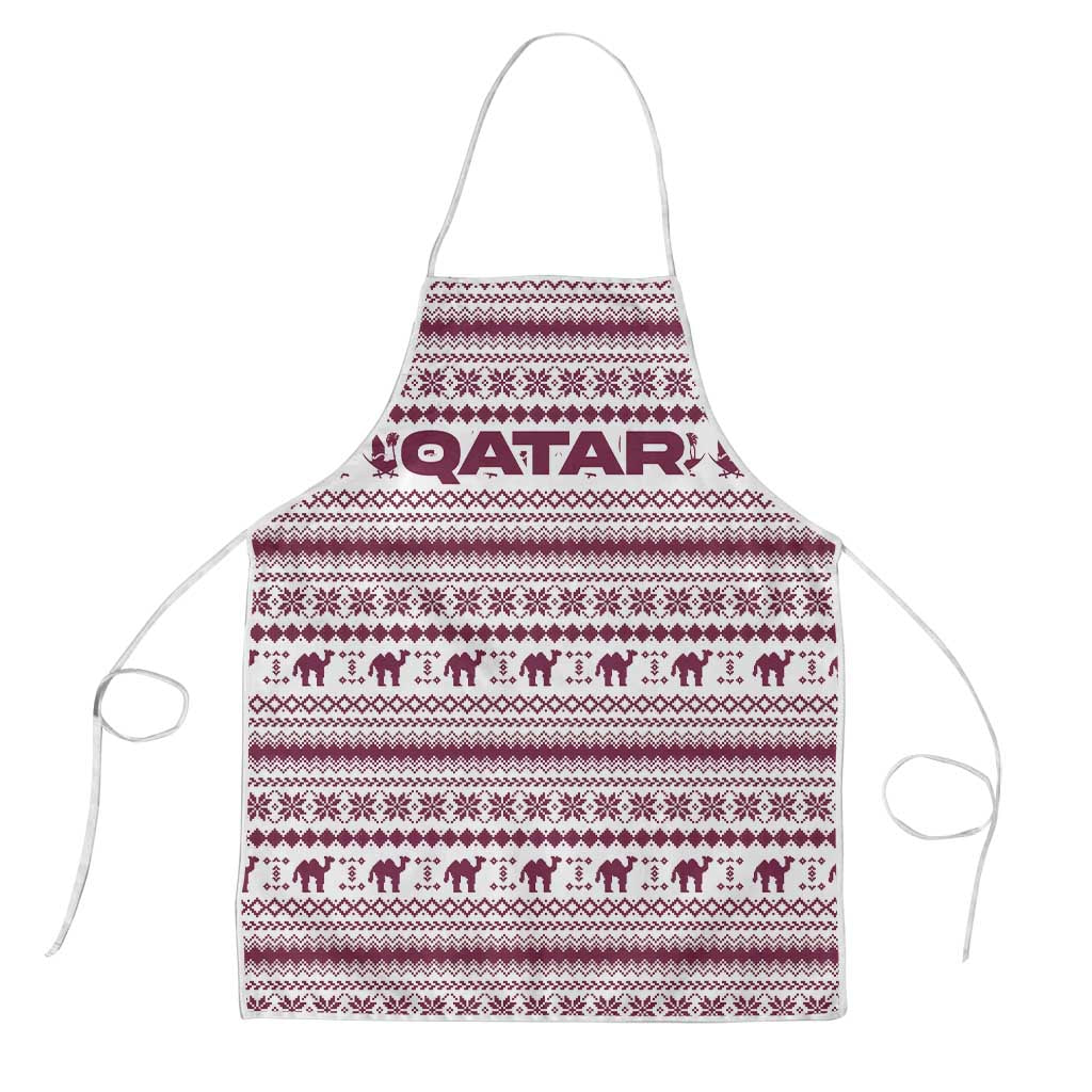 Qatar Christmas Apron with Maroon-White Pattern, National Emblem, and Camel Motif - Wonder Print Shop