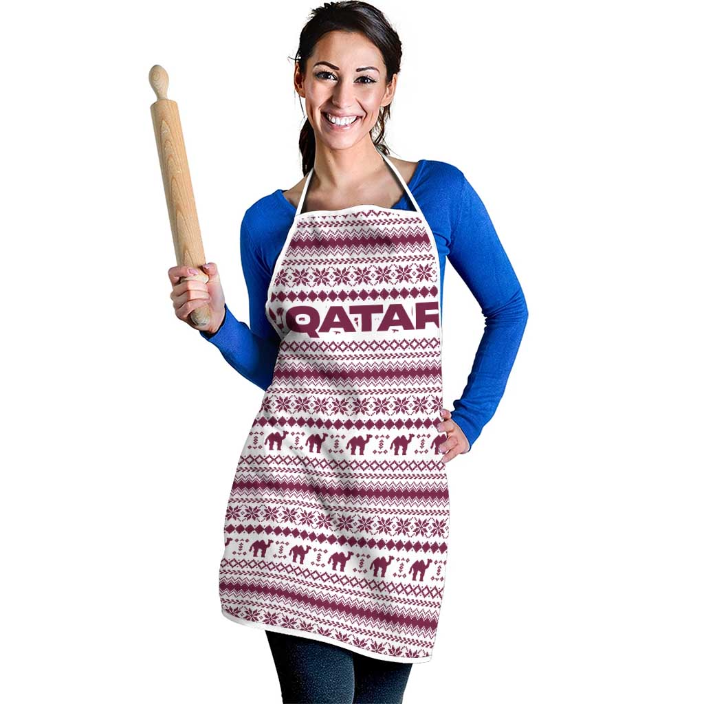 Qatar Christmas Apron with Maroon-White Pattern, National Emblem, and Camel Motif - Wonder Print Shop