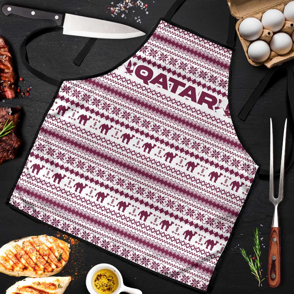 Qatar Christmas Apron with Maroon-White Pattern, National Emblem, and Camel Motif - Wonder Print Shop