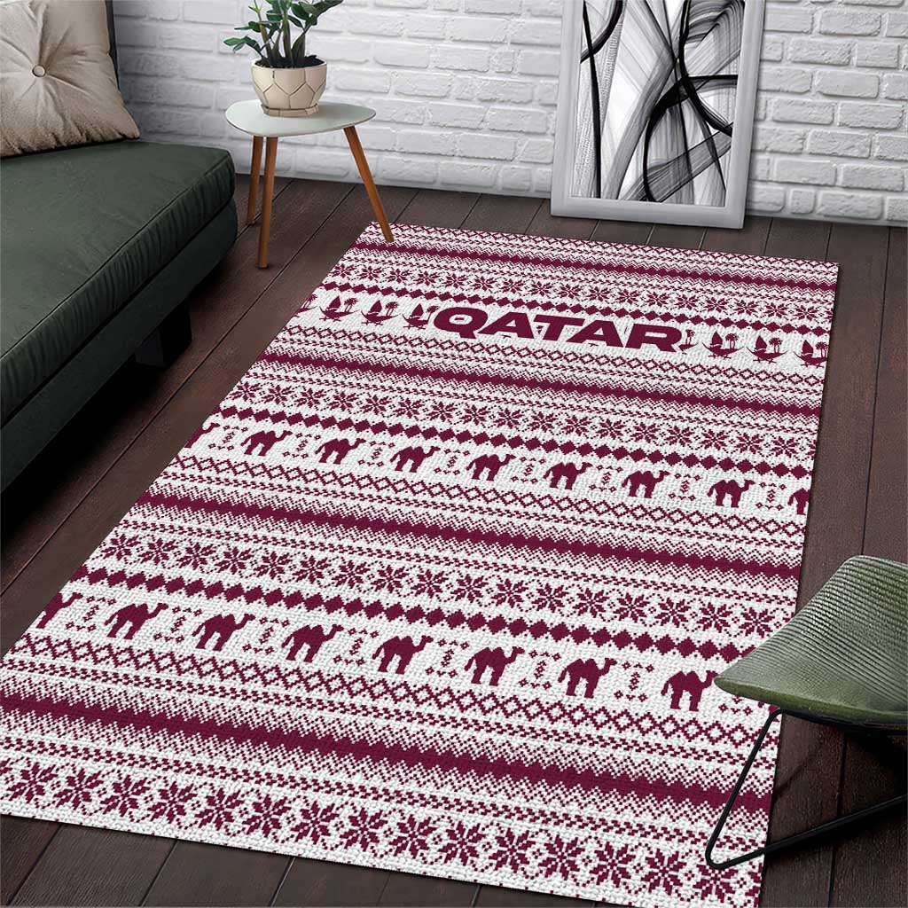 Qatar Christmas Area Rug with Maroon-White Pattern, National Emblem, and Camel Motif - Wonder Print Shop