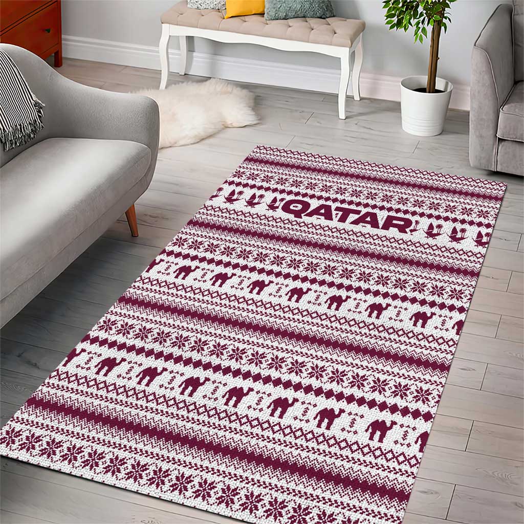 Qatar Christmas Area Rug with Maroon-White Pattern, National Emblem, and Camel Motif - Wonder Print Shop