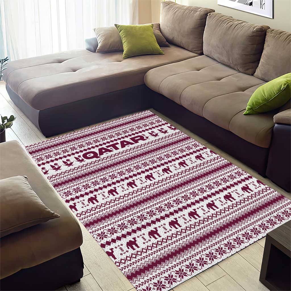 Qatar Christmas Area Rug with Maroon-White Pattern, National Emblem, and Camel Motif - Wonder Print Shop