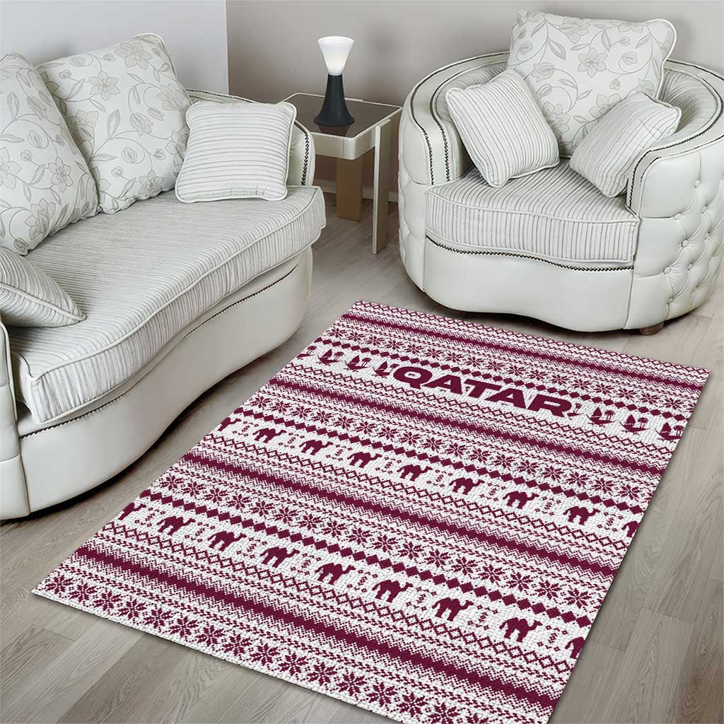 Qatar Christmas Area Rug with Maroon-White Pattern, National Emblem, and Camel Motif - Wonder Print Shop